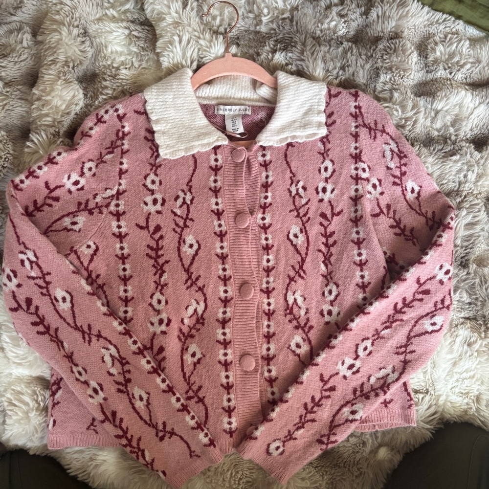 Sincerely Jules Pink Floral Cardigan with Cream Collar